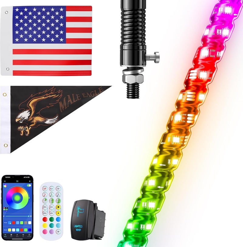 Ehaho 1 PC 5FT Whip Lights with Spring Base, APP & Remote Control Led Whip Lights for Side by Side, Spiral RGB Chasing Lighted Whips with Rocker Switch, Music Led Whips for UTV ATV RZR SXS Can-Am - Image 1